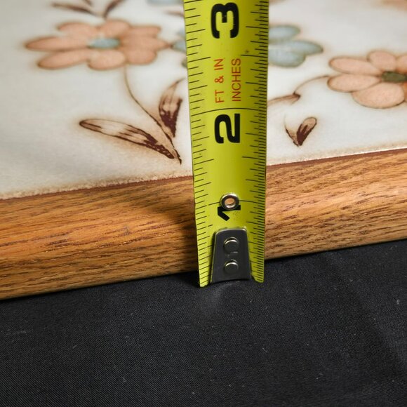 Vintage Italian Ceramic Wall Art Blue & Tan Daisy Tile in Wood Frame 9" Italy - Picture 7 of 8